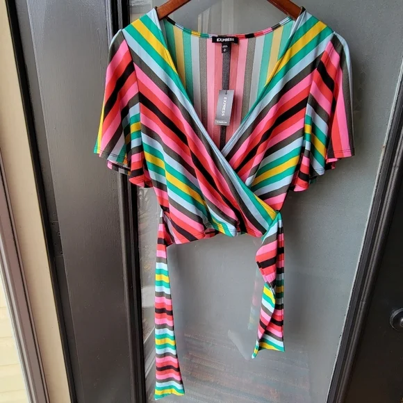 Express Spring Colorful Striped Blouse W/Strap Size S/P Short Sleeve V Neck NWT - Picture 6 of 10